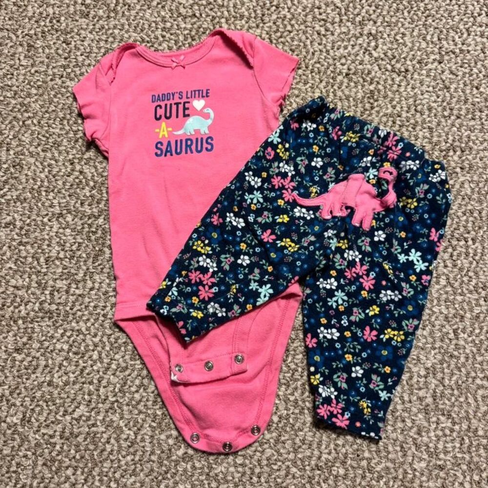 Carter's Baby Girl 2pc Outfit Dinosaur Bodysuit Floral Pants 6 Months